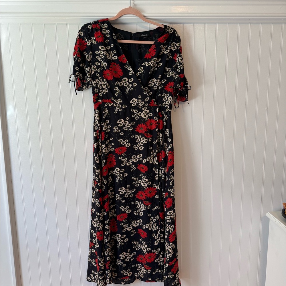Madewell Black and Red Puff Sleeve Wrap Midi Dress